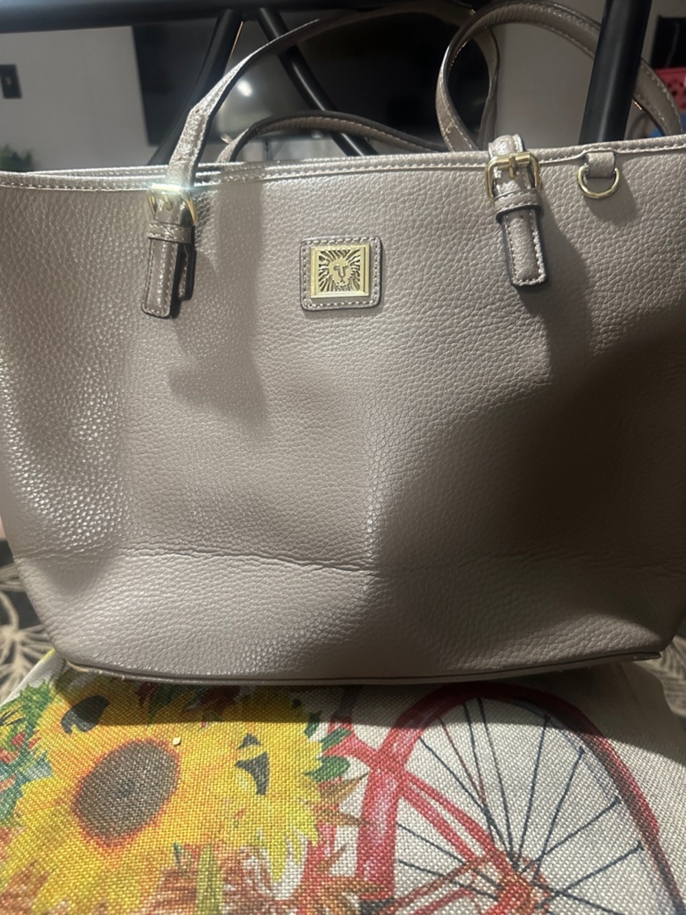 Anne Klein Taupe Pebbled Leather Tote with Gold Logo